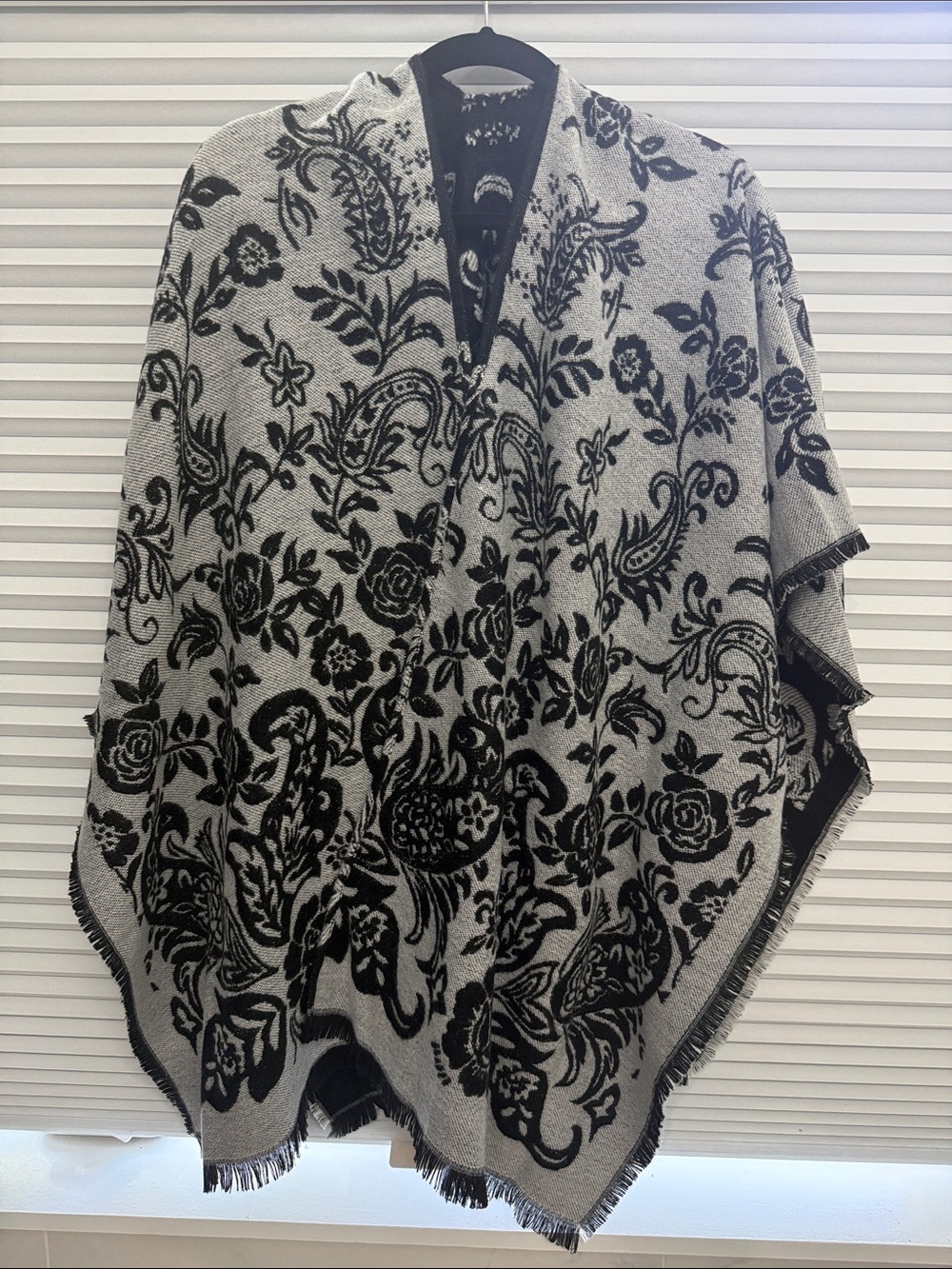 Reversible Black & Gray Floral Knit Poncho - Women's Accessory
